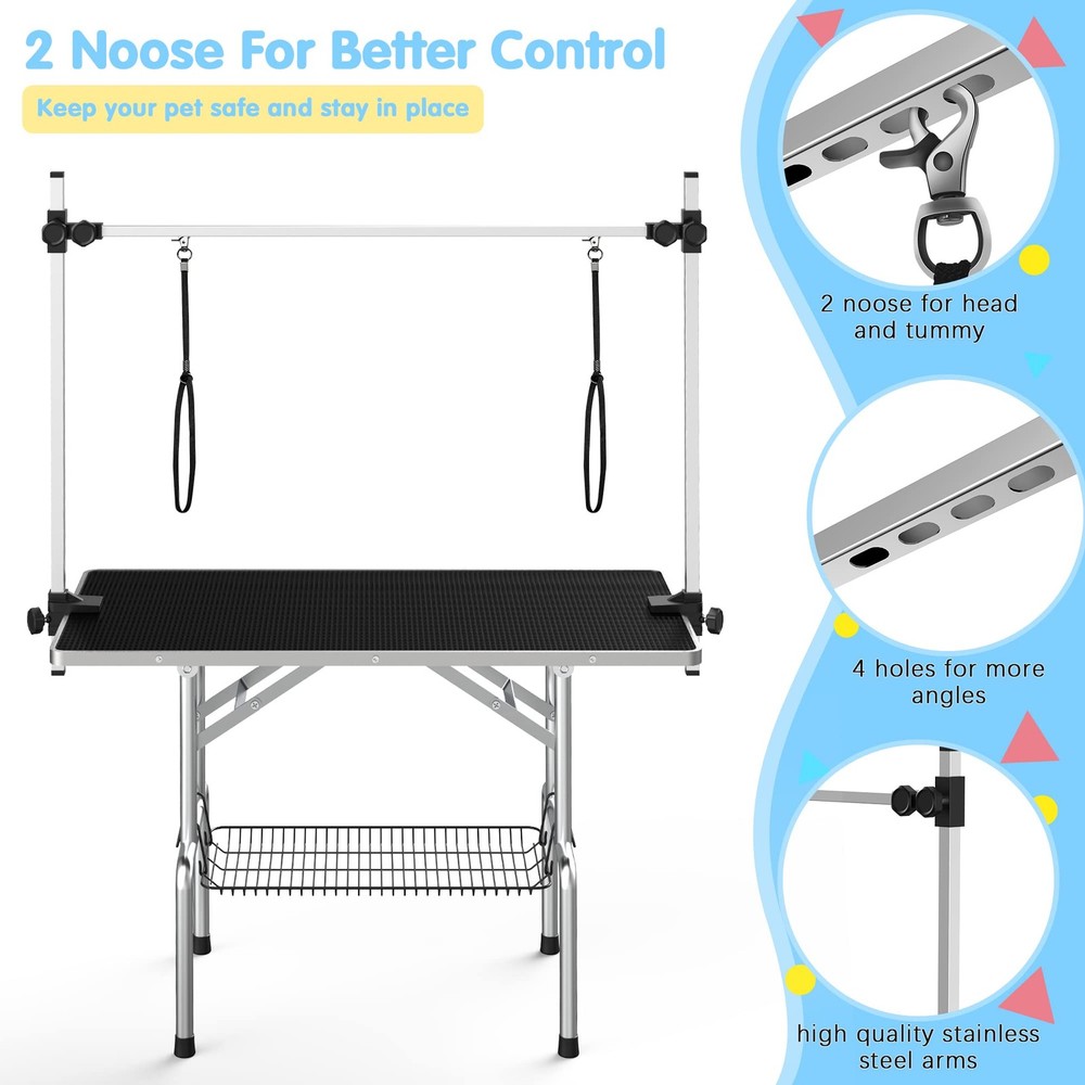 36''Large Dog Grooming Table, Adjustable Cat Drying Desktop with Arms, Nooses...