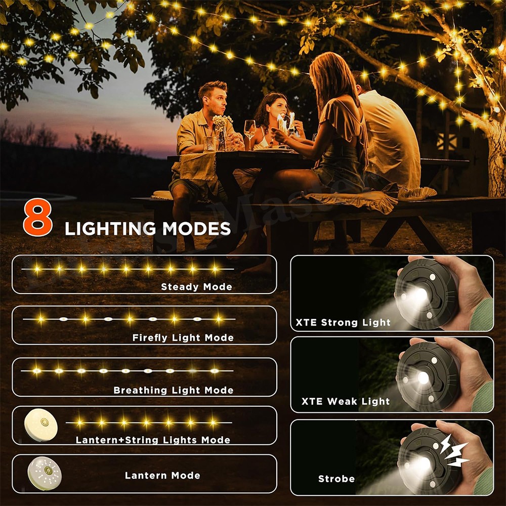 Portable LED Camping String Lights USB Rechargeable Stowable Tent Lamp Lantern