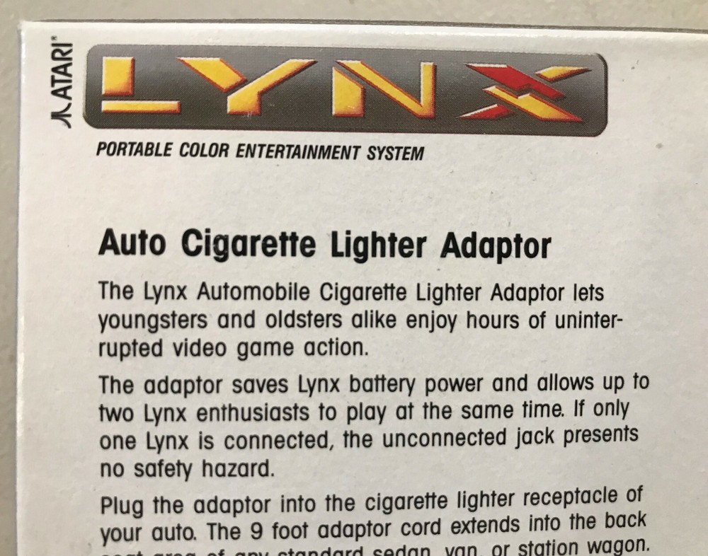 Atari Lynx AUTO CIGARETTE LIGHTER POWER ADAPTER NEW NIB