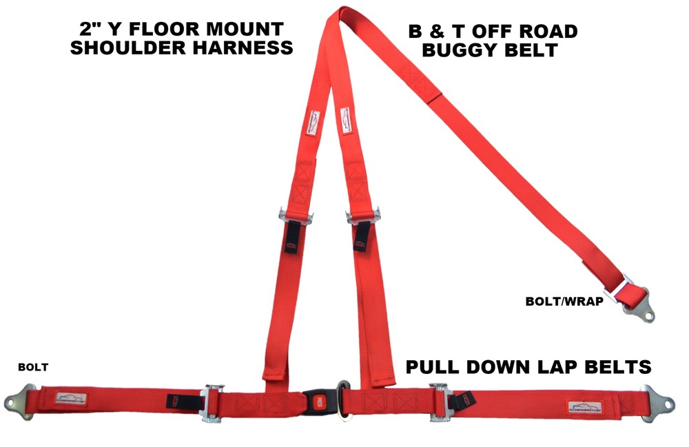 FLOOR MOUNT 3 POINT 2" HARNESS BOLT IN PULL DOWN LAP BELTS RED