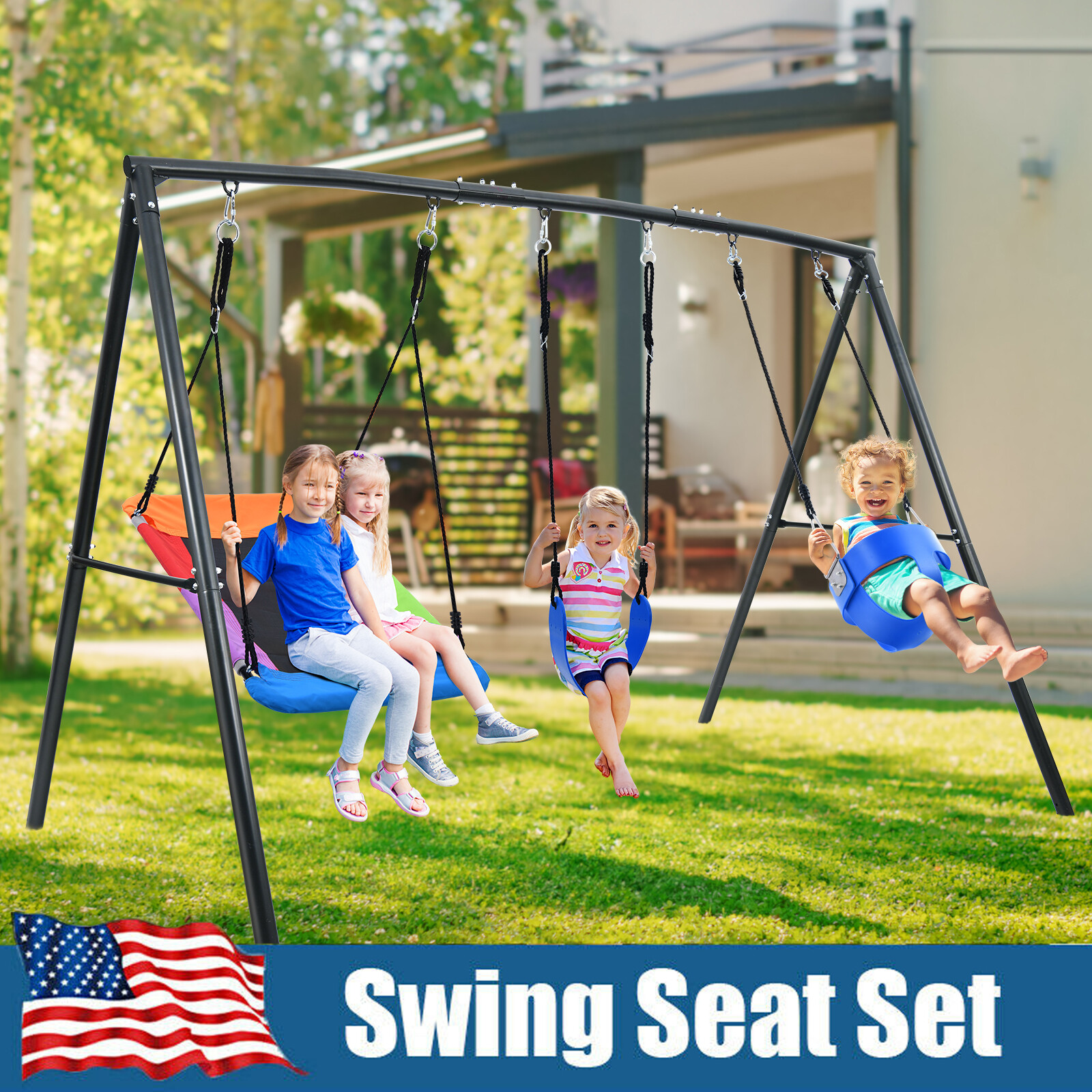 440lbs 4 IN 1 Backyard Metal Swing Set with Three Swing Heavy Duty A-Frame Stand