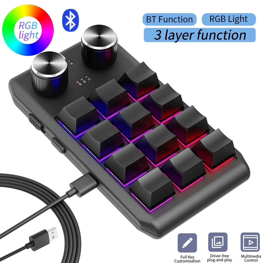 Programming Macro Custom 2 Knob Bluetooth Keyboard RGB 12 Key Mini Gaming Keypad