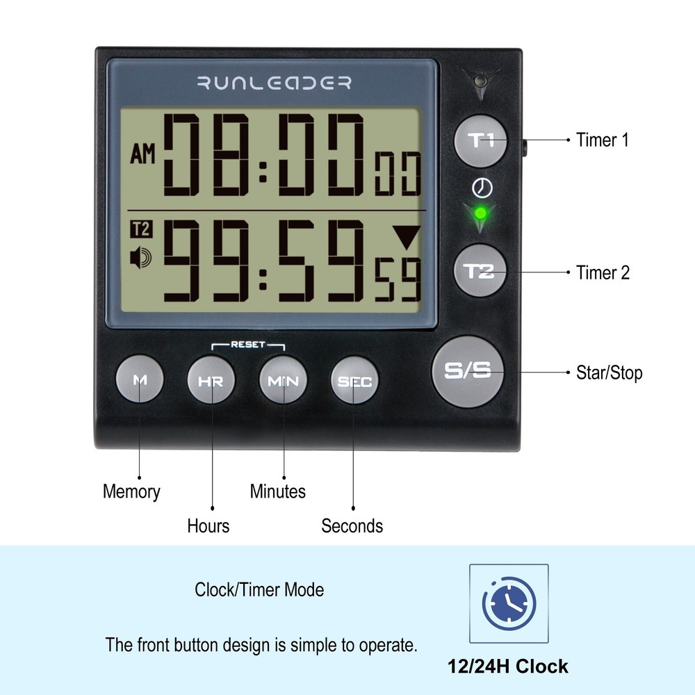 Digital Kitchen Dual Timers Clock Count-up/Count Down for Cooking Bakery Buzzer