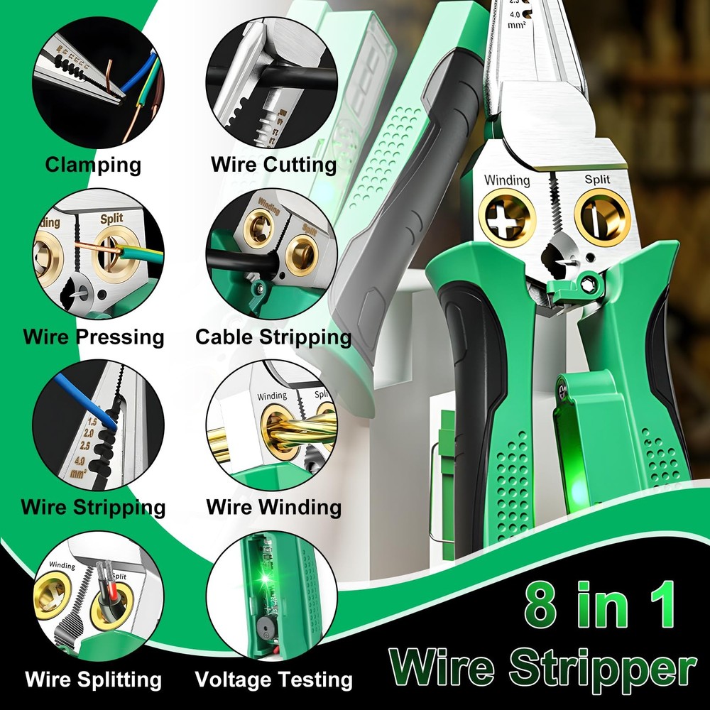 8 in 1 Wire Stripper with Voltage Tester, 2025 New Multi-function Green