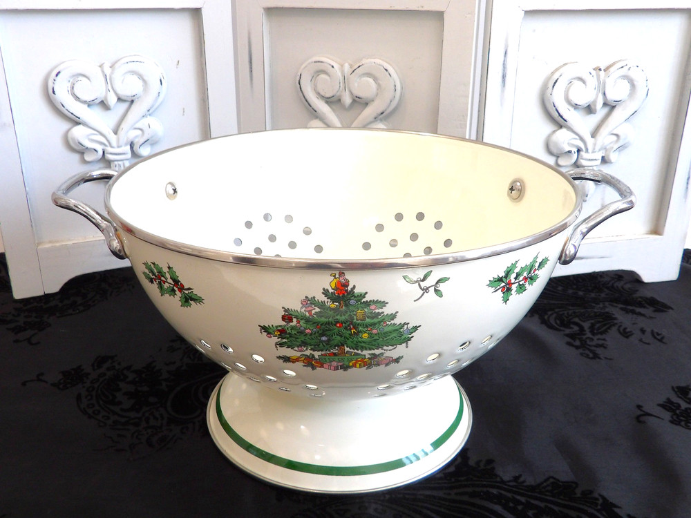 Spode England Christmas Tree Enamelware Metal Colander Strainer