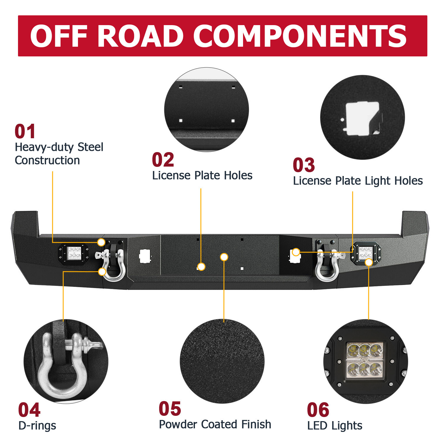 HECASA Black Rear Bumper For Toyota Tacoma 2005-2015 w/License Plate LED Lights