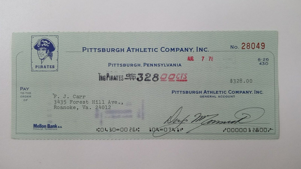 F.J. Carr: 1978 Pittsburgh Pirates Expense Check