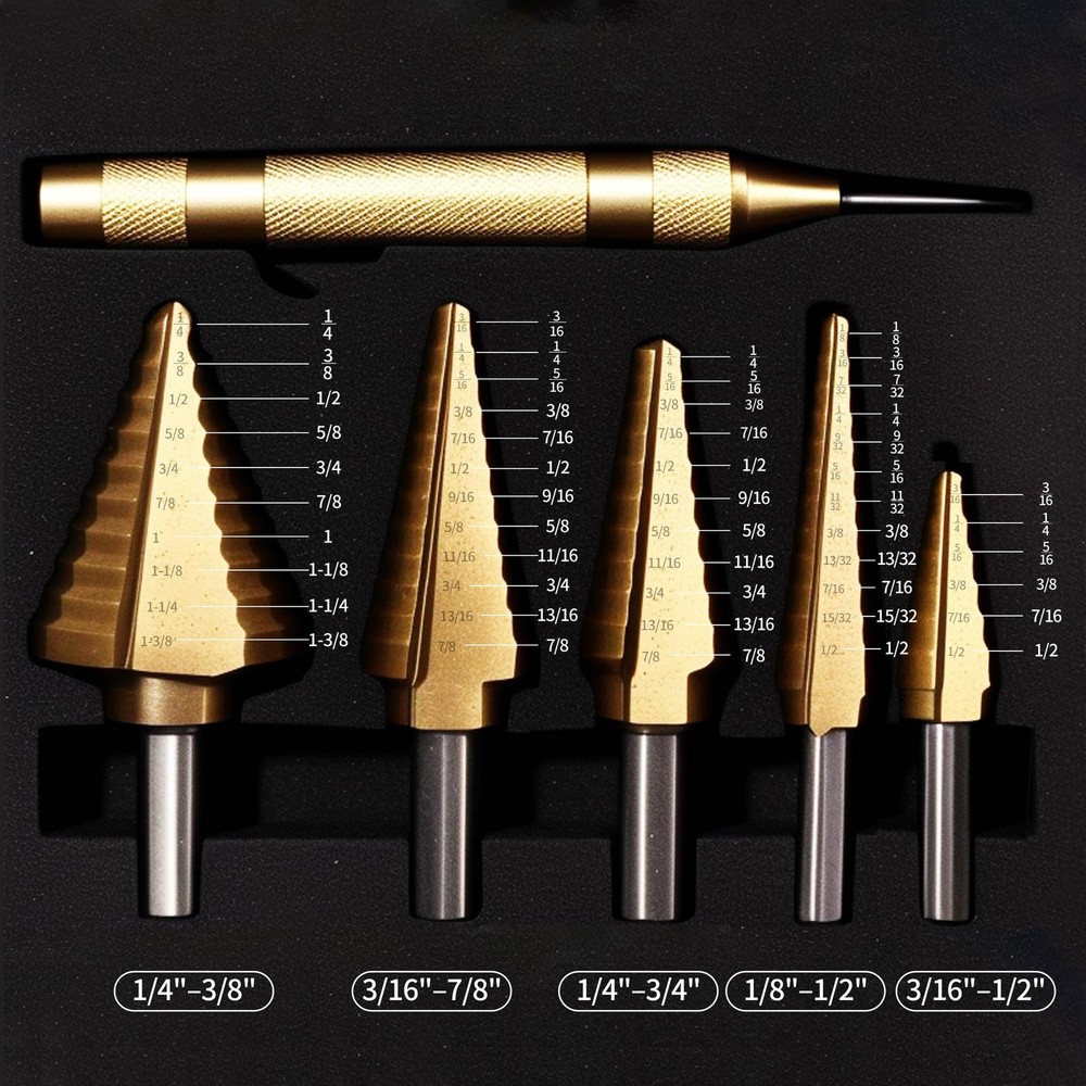 Rayjee 6-Piece Step Drill Bit Set, Titanium Coated, Straight Flute 6