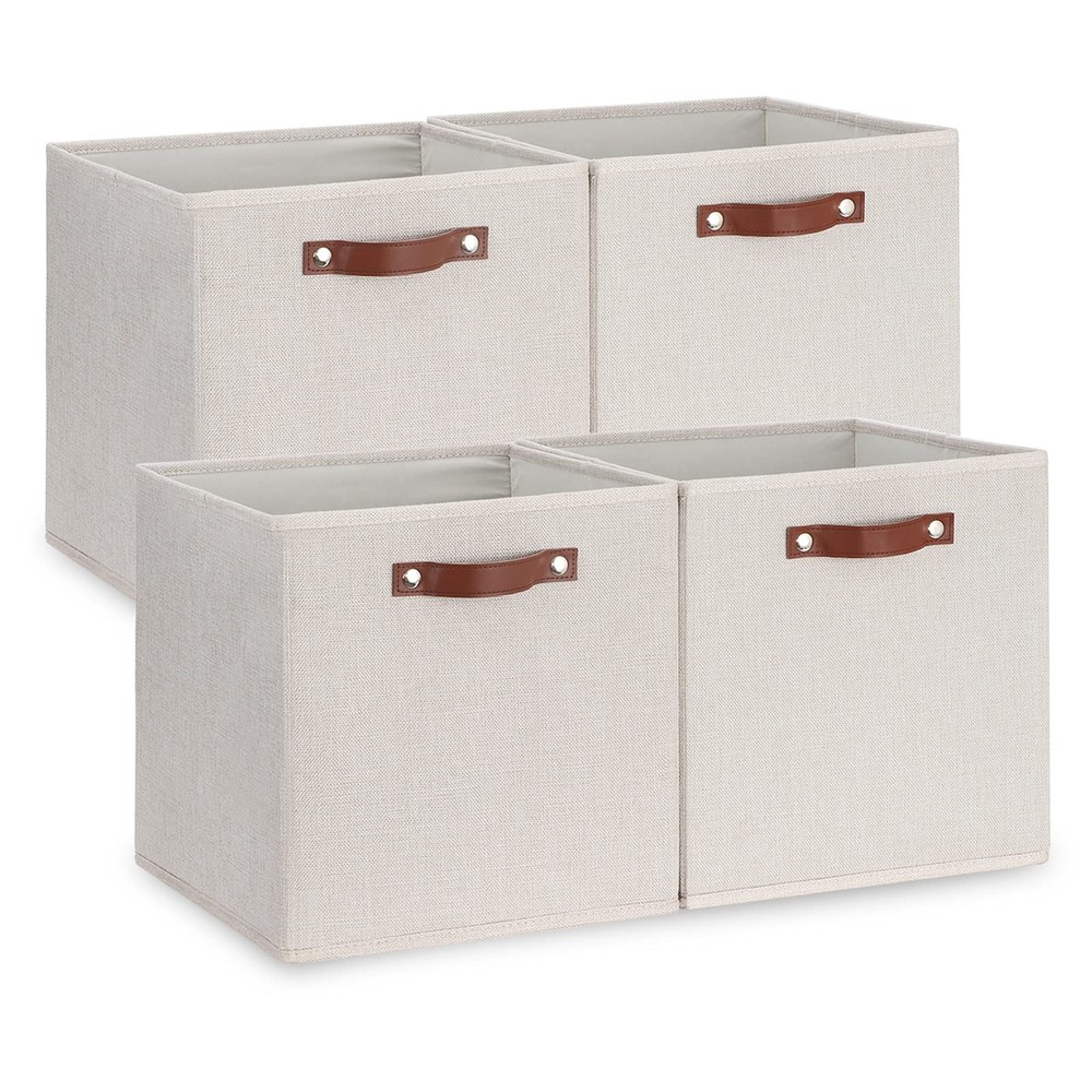 Fabric Storage Cubes Storage Bins with Dual Leather Handles, 4 Pack Cube Bask...