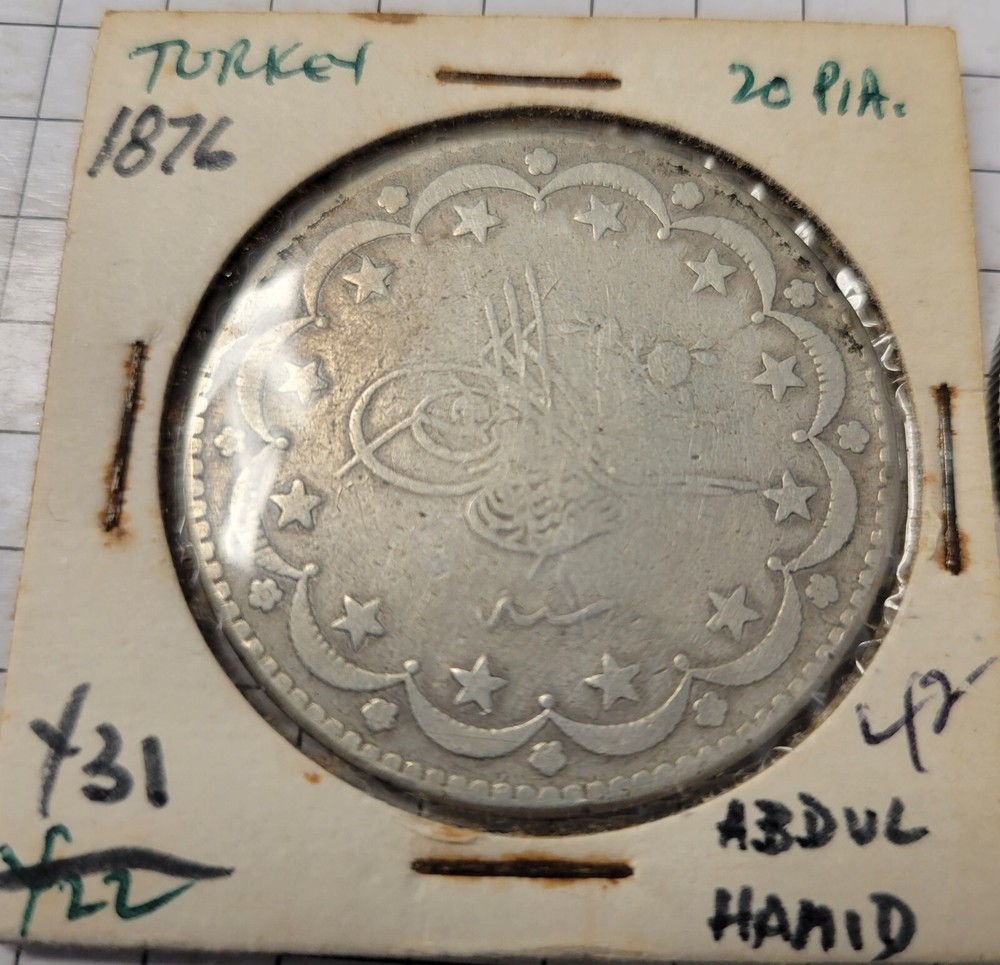 1876 Turkish 20 Abdul Silver Coin.