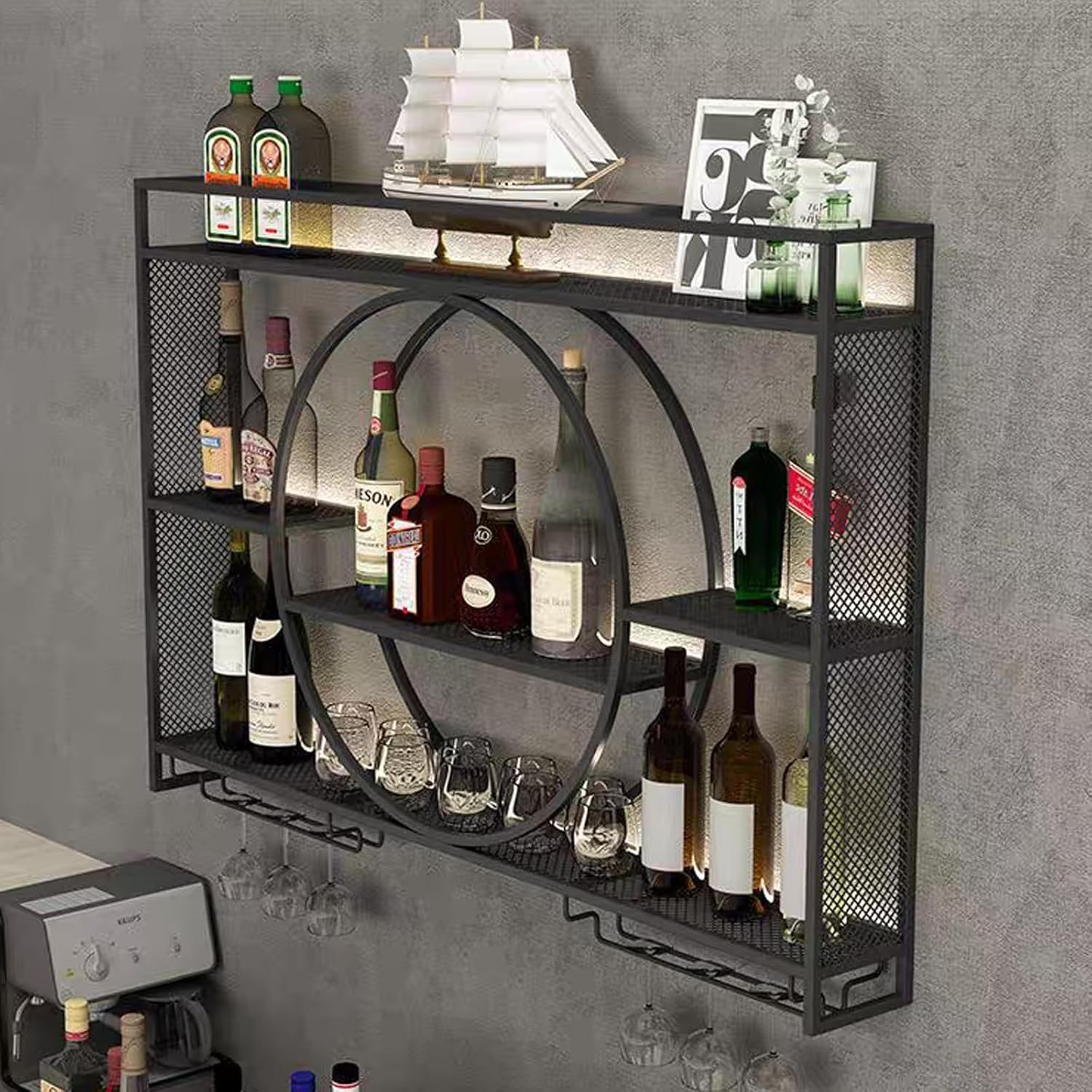 Wall Mounted LED Wine Rack Metal Bar Bottle Display Shelf with Wine Glass Rack