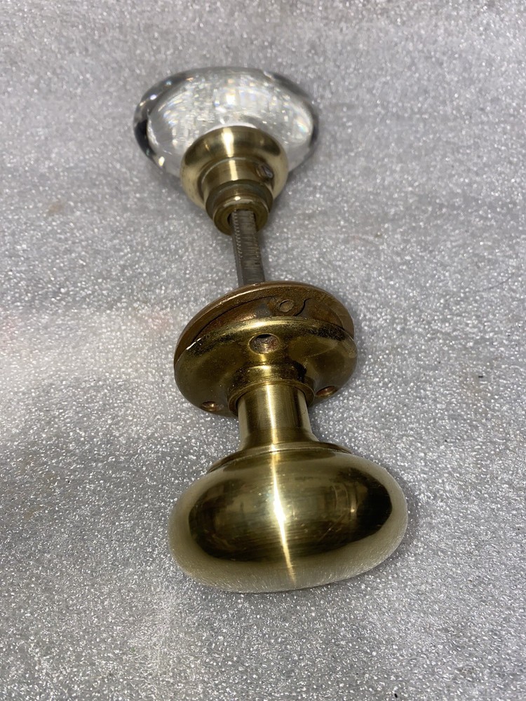 Antique Oval Glass & Brass Door Knobs with threaded original spindle