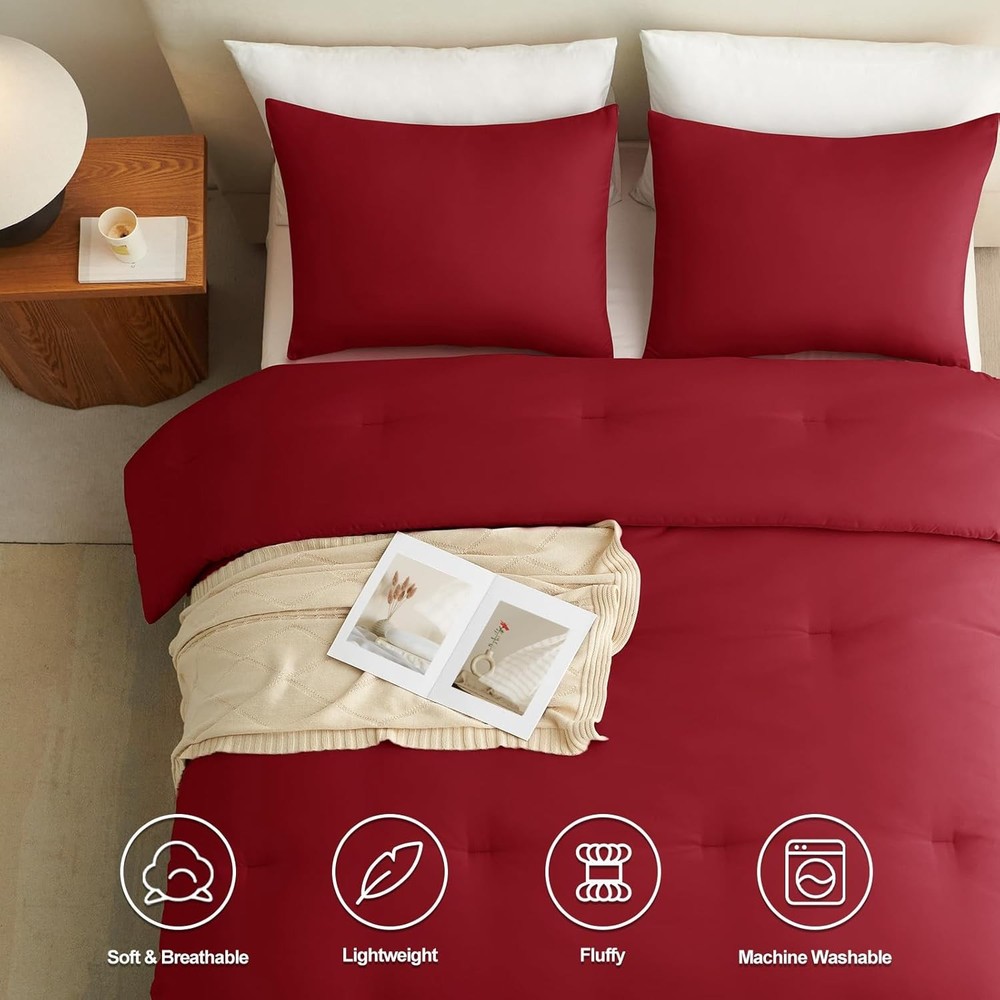 King Size Solid Comforter Set Dark Red 1 Comforter & 2 Pillowcases Quilted Soft