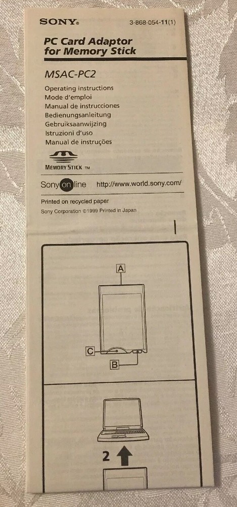Sony PC Card Adaptor For Memory Stick Instructions Only