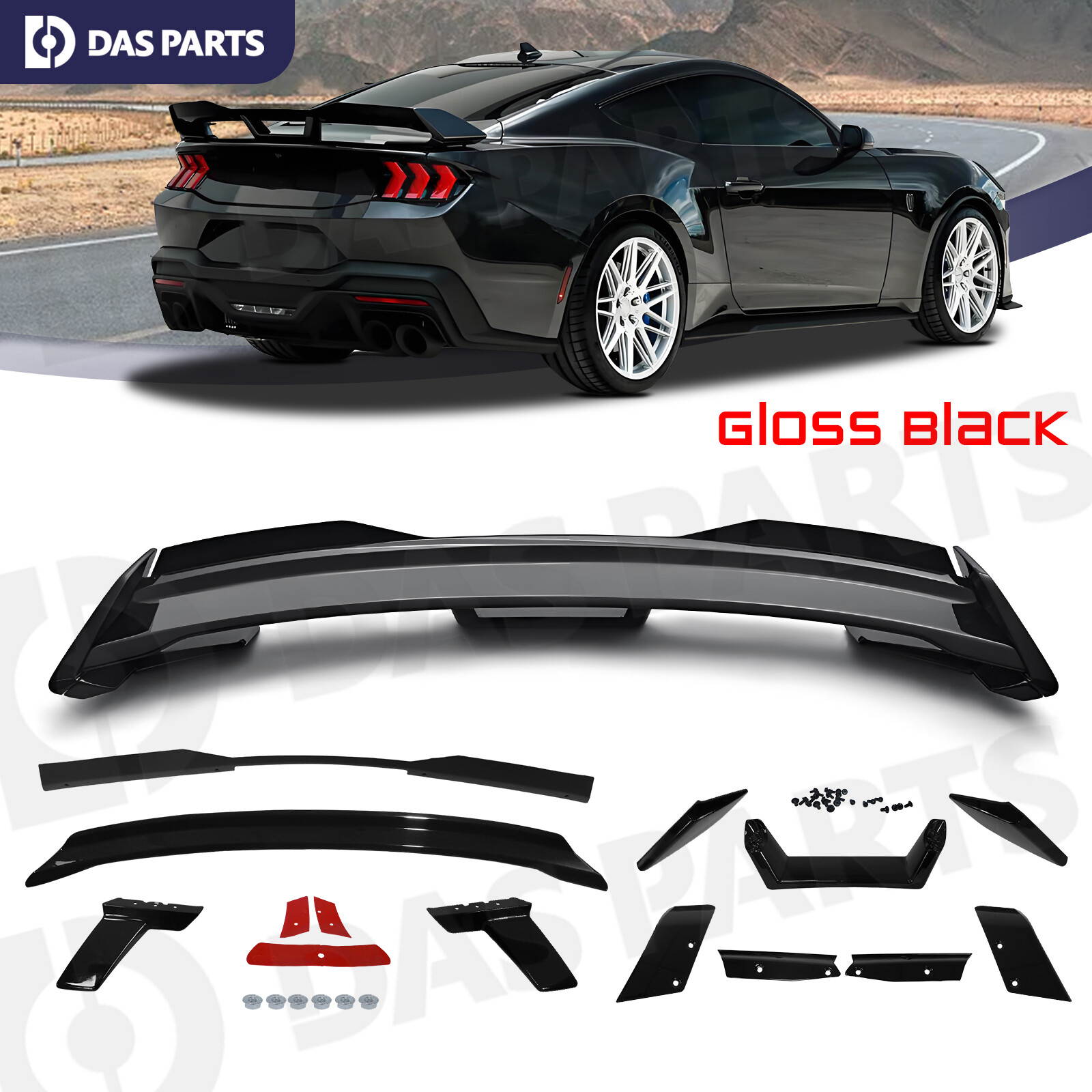 Gloss Black Spoiler Wing W/Gurney Flap DH Performance For 2024 2025 Ford Mustang