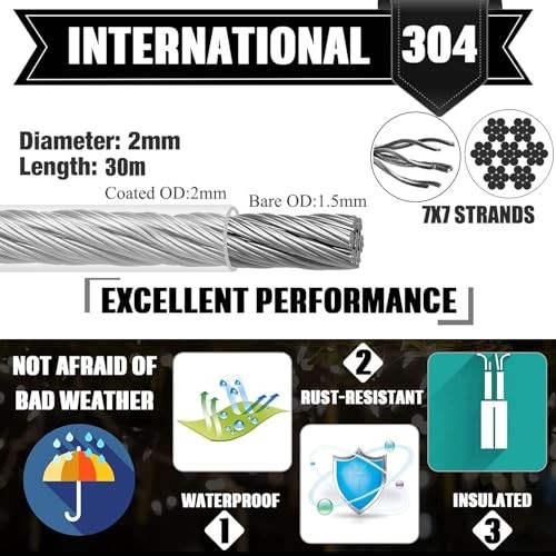 1/16 Inch Stainless Steel Cable 100FT with M5 1/16" 100FT Wire Rope Kit