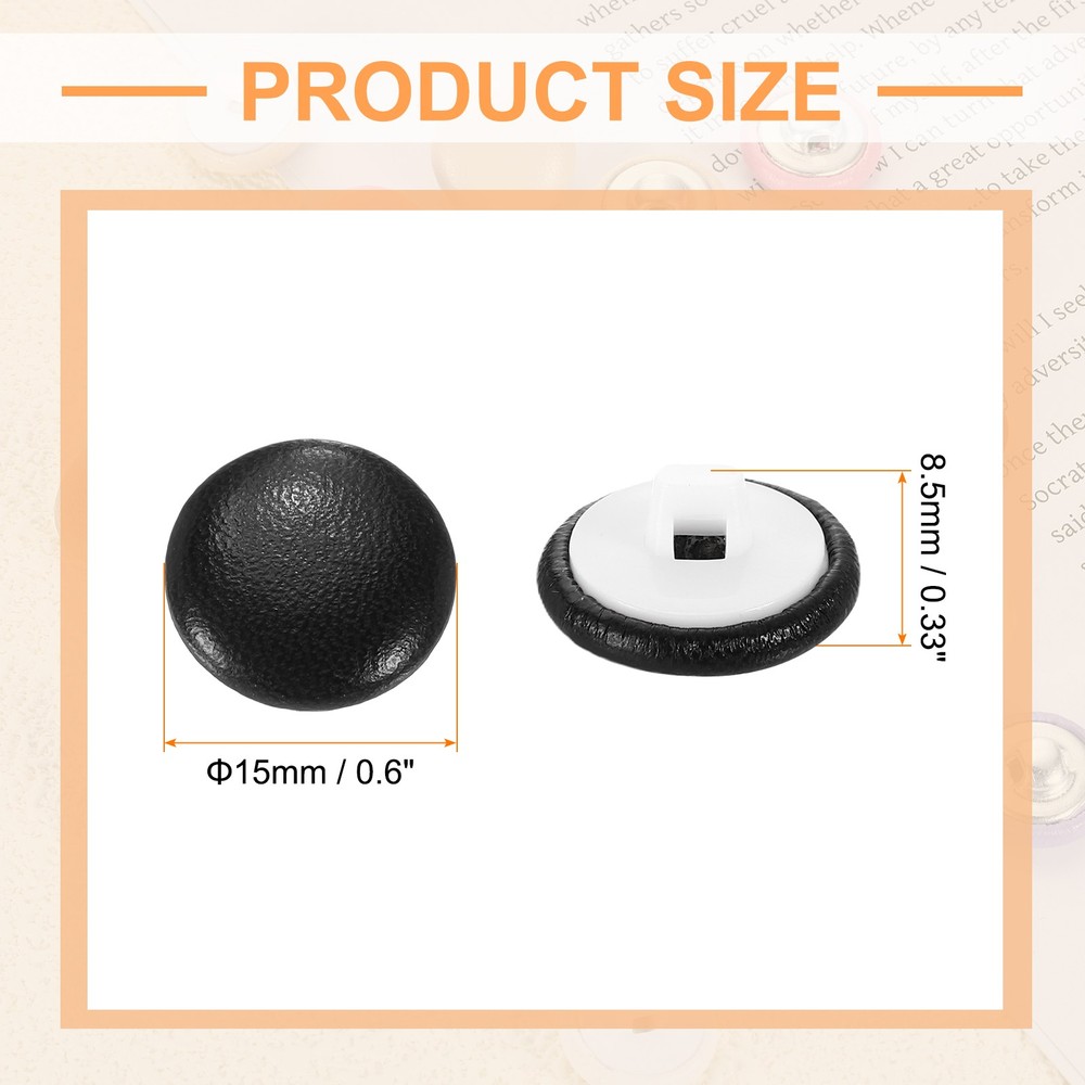 25pcs PU Leather Covered Button 15mm Plastic Shank Round Button, Black
