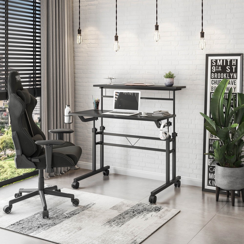Height-Adjustable Rolling Desk - Mobile Writing Table w/ Movable Shelf - Office