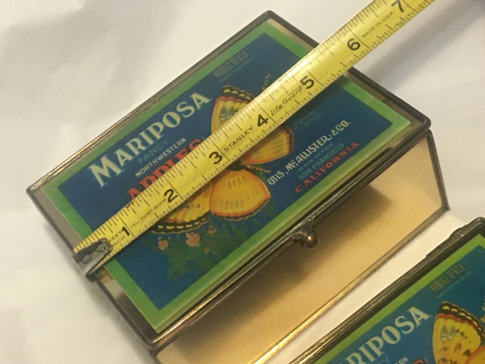 Two Decorative Mirror Metal Boxes Butterfly Apple Label