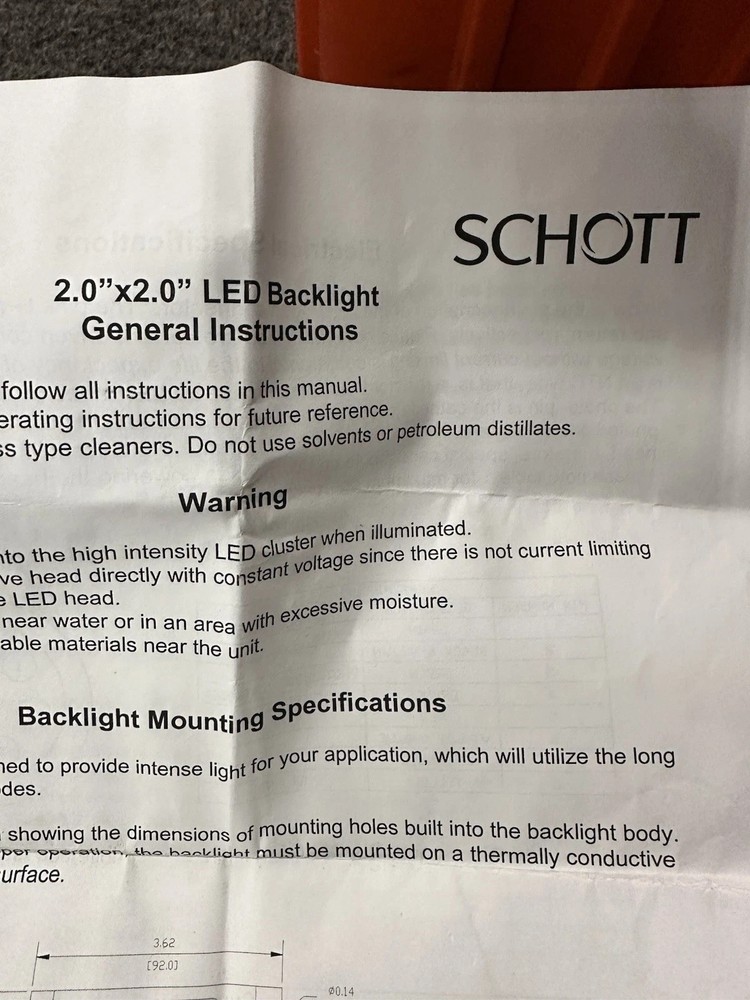 Schott A25000 Red LED Machine Vision Backlight 2"X2" NEW w/ Instructions