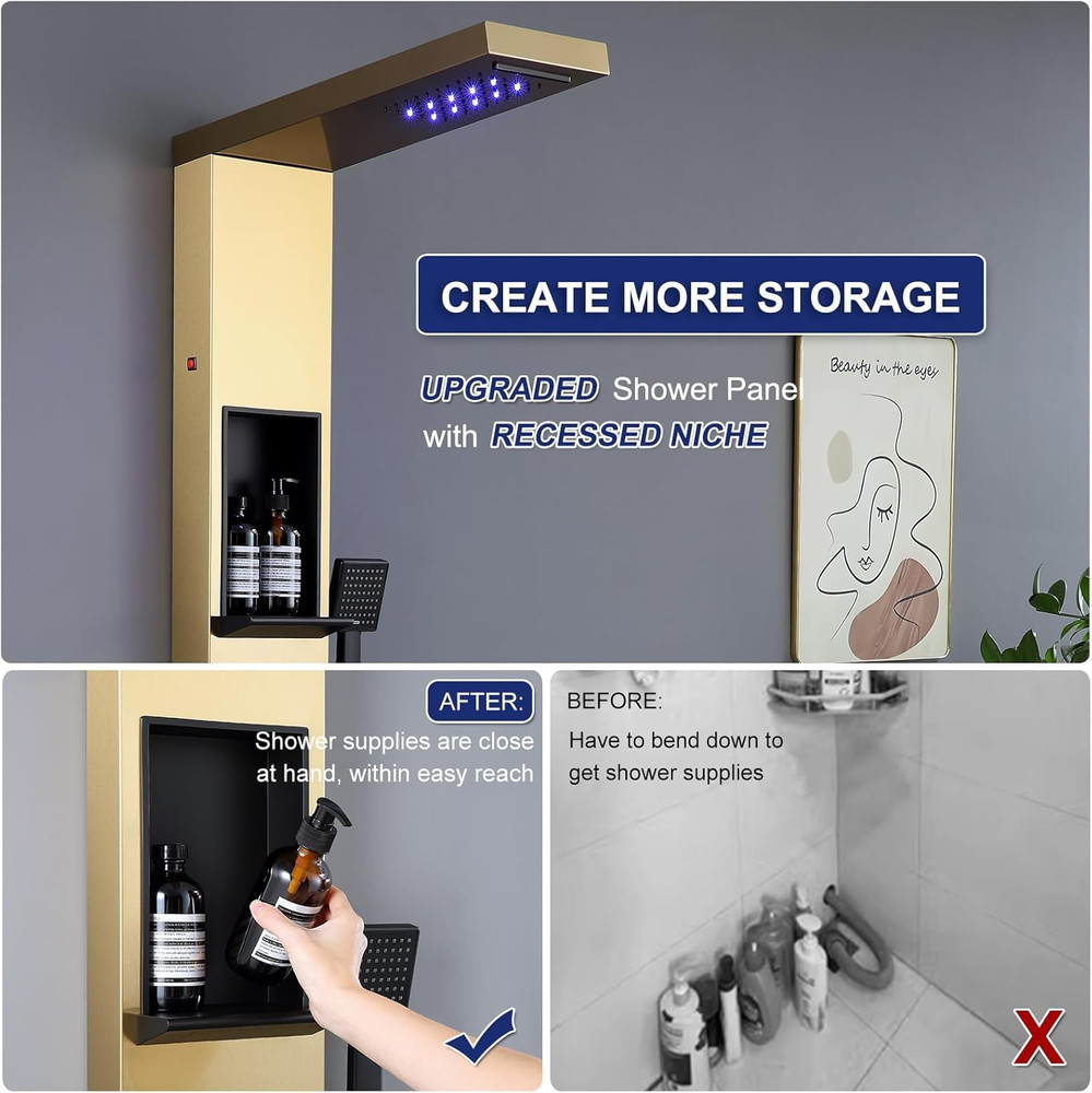 Brushed Gold LED Rainfall Shower Panel with Massage Jets & Handheld Spout