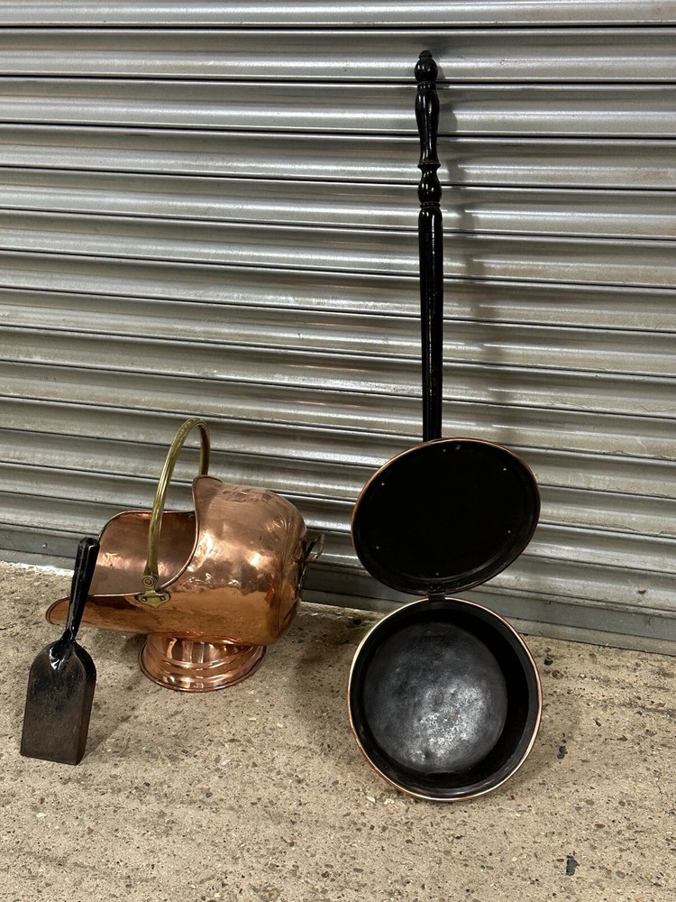 Antique 19thC Copper Coal Scuttle With Pin Hammered Pattern Bed Warmer