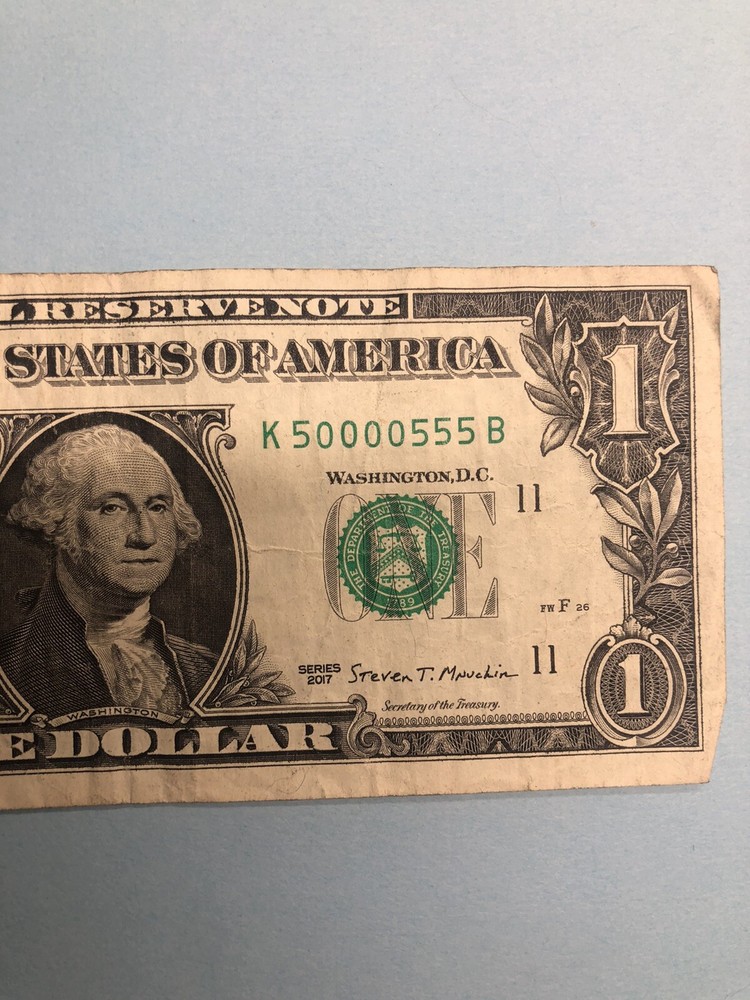 FANCY SERIAL NUMBER - 50000555 Binary - 2017 $1 CIRCULATED BILL