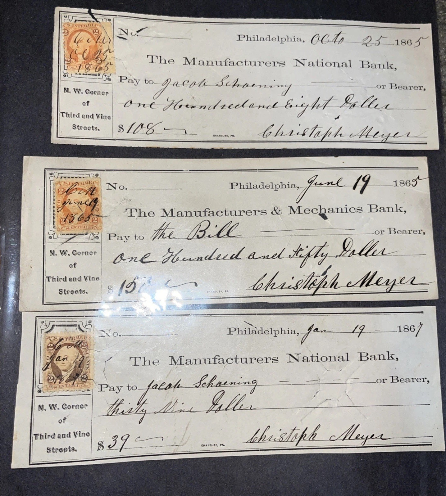 SET OF FIVE HISTORIC PHILADELPHIA REVENUE STAMPED CHECKS 1865-1873 US 2c STAMPS