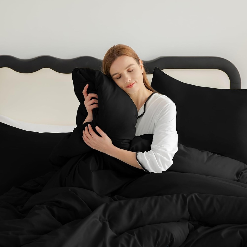 Queen Comforter Set Black, 3 Pieces Solid Queen Comforter Breathable Quilted Sty