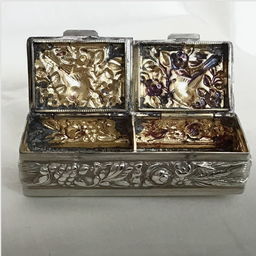Solid Silver 925 Antique Little Blush Box, Hinged Lid & Two Compartments