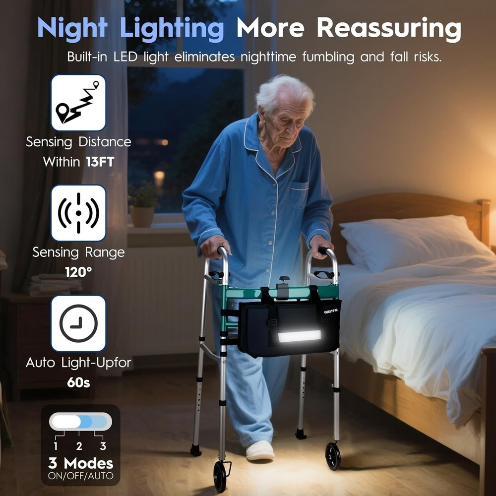 Foldable Walker with 360° Swivel Wheels & Motion Sensor Light, Lightweight Ad...