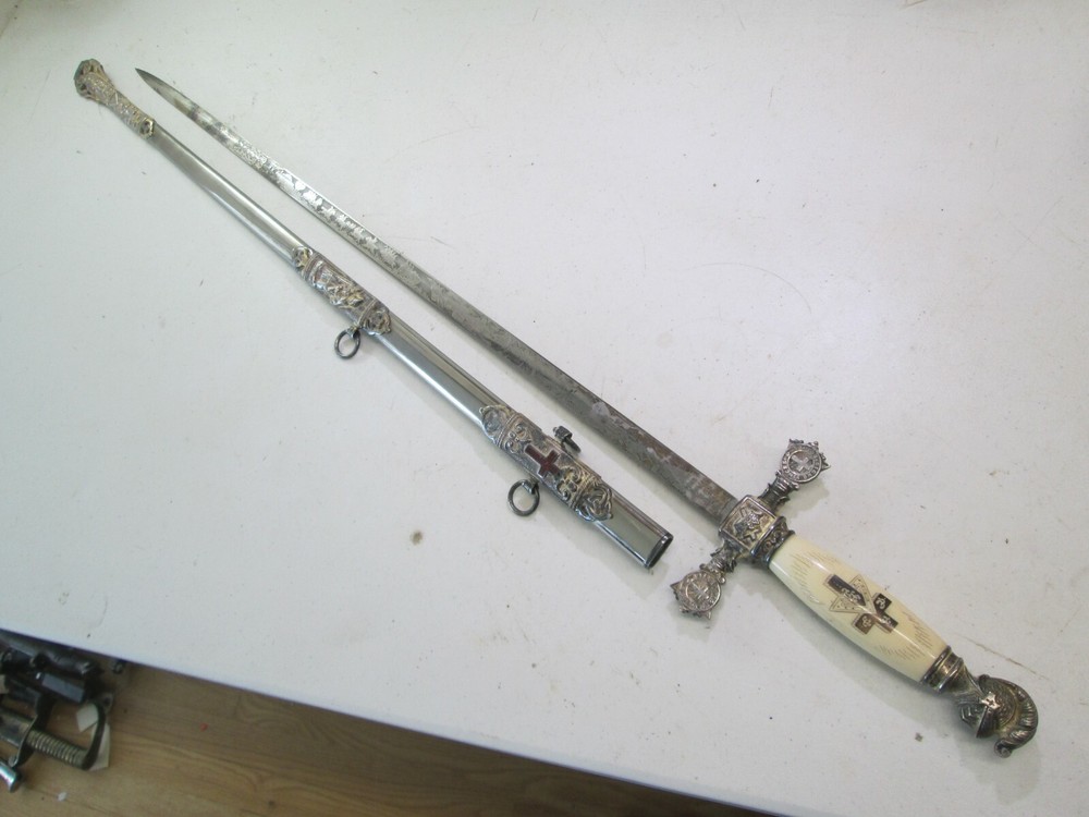 FRATERNAL SWORD & SCABBARD ETCHED BLADE NAMED AND MAKER