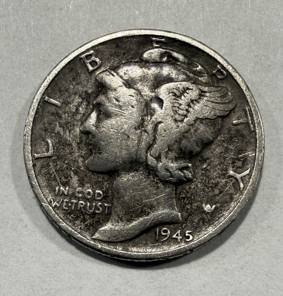 1945 Mercury 90% Silver Dime-Errors: No Mint Mark, GOD & Rollover Marks-Back