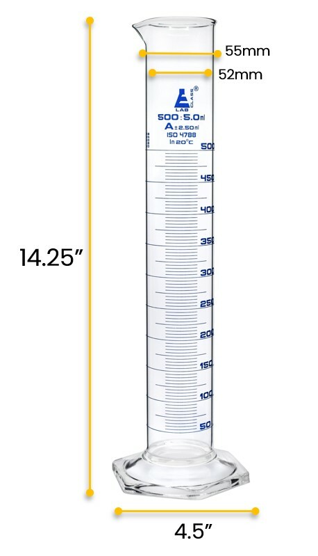 Eisco Labs 500ml Graduated Cylinder, Class A - Blue Graduations, Hexagonal Base