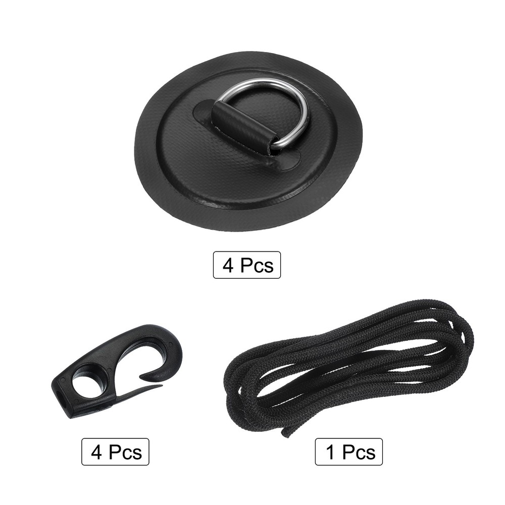 4Pcs Stainless Steel D-Ring Patch Round Patch with Elastic Cords & Hooks Black