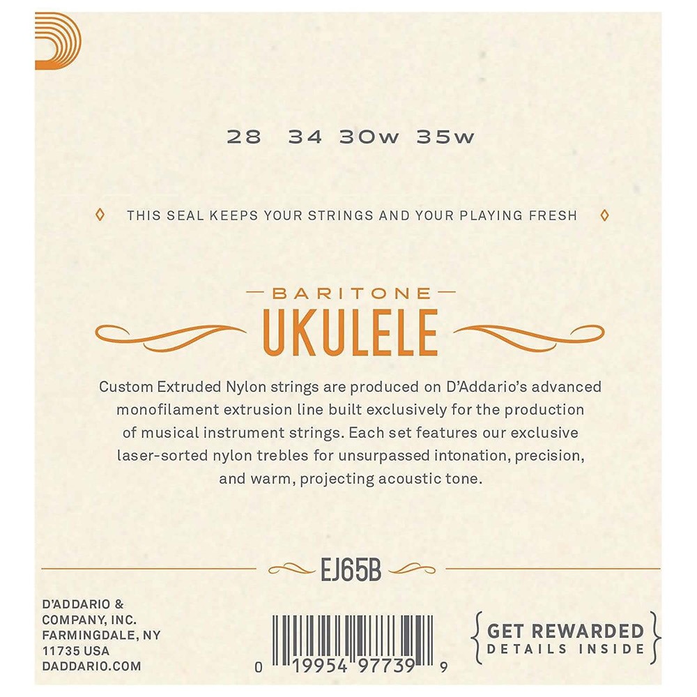 Daddario EJ65B Baritone Ukulele Strings Custom Extruded Clear Nylon / Silver