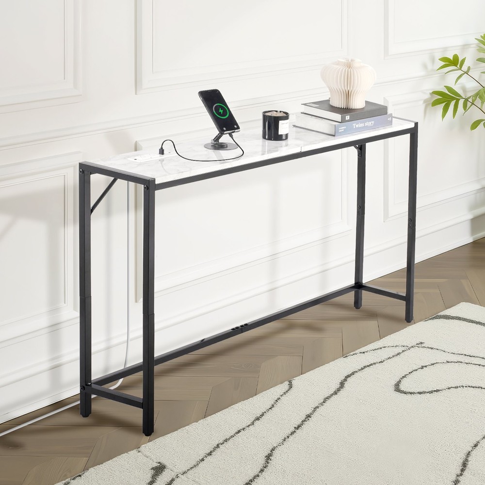 [New]Marble Console Table,Modern Narrow Long Console Table w/Power Outlet,Thin S