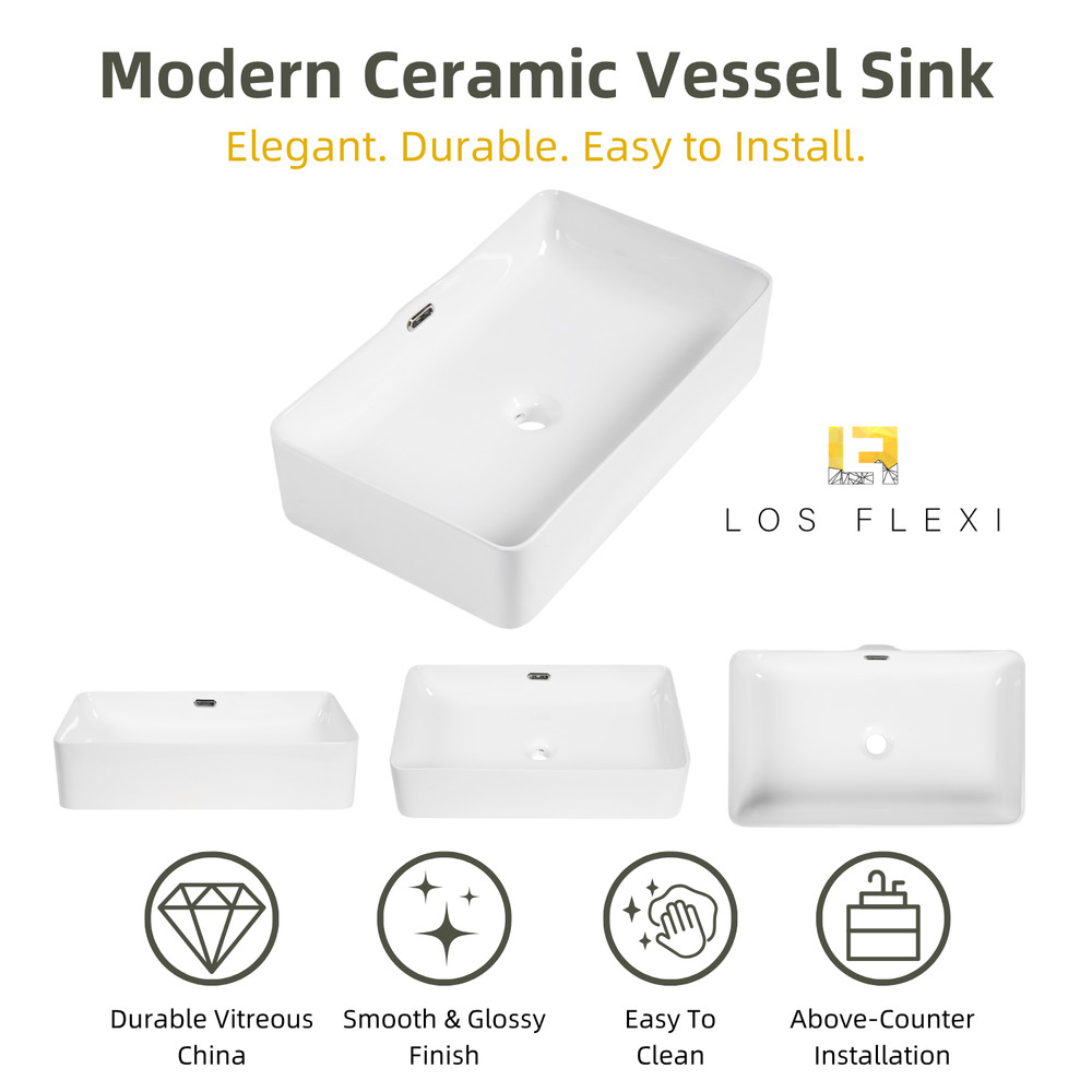 Los Flexi 24" x 15" Rectangular Vessel Sink with Overflow, White Porcelain
