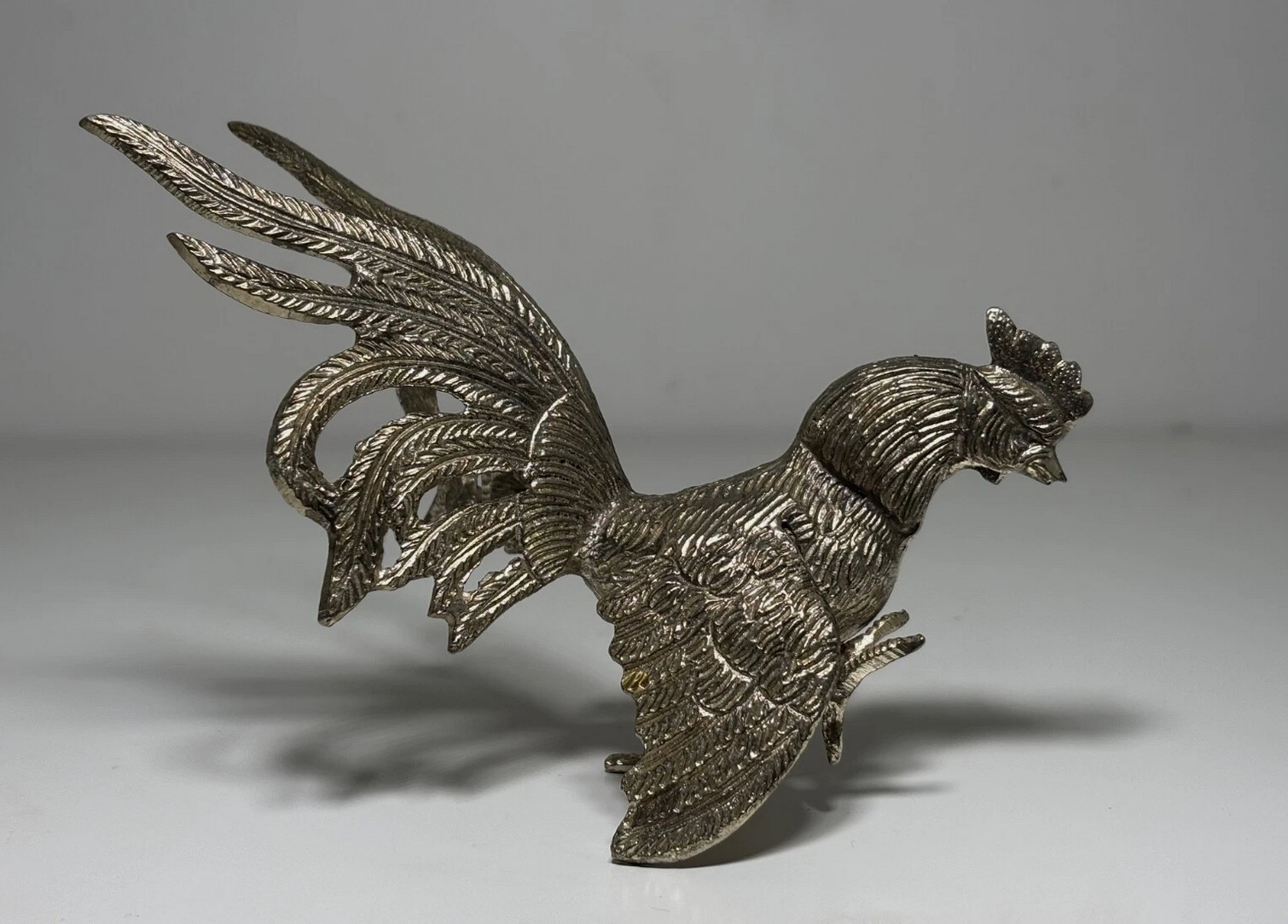 Pair of silver-plated metal fighting roosters, antique bird, rustic decoration