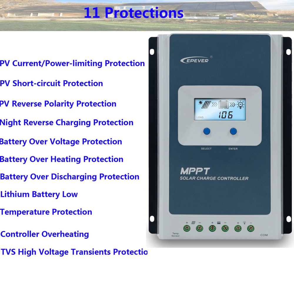 New EPEVER 20A 60A MPPT Solar Charge Controller Auto Identify Battery Voltage