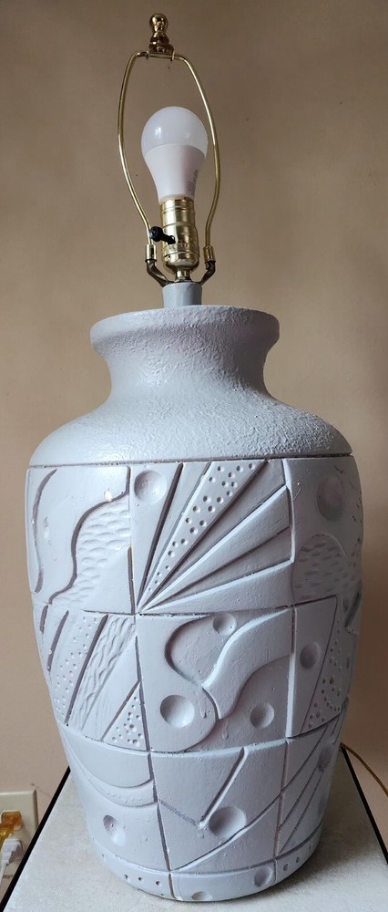 Postmodern Gray Ceramic Table Lamp Geometic Pattern 30" - See Pics