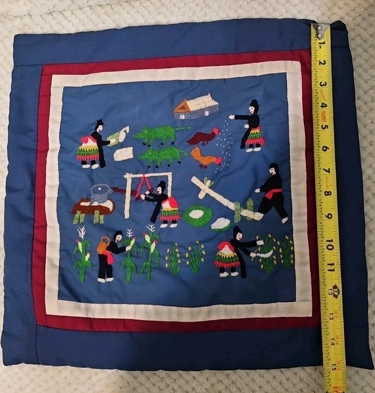 Hmong Story Cloth Embroidered Textile Animals Folk Art Handmade Pillowcase 16x15