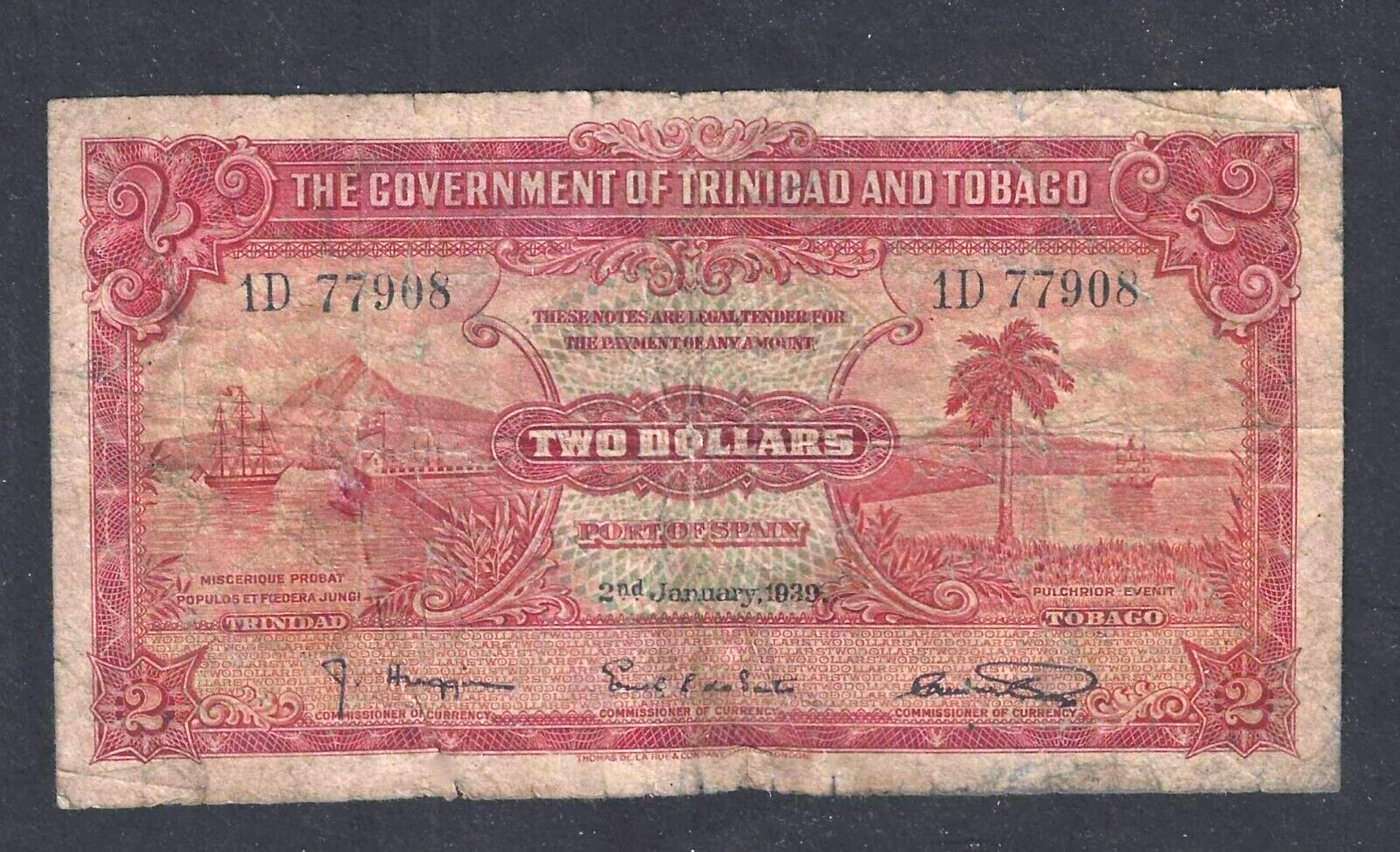 1939 TRINIDAD & TOBAGO $2 DOLLARS ~ P-6b ~ SCARCE TYPE