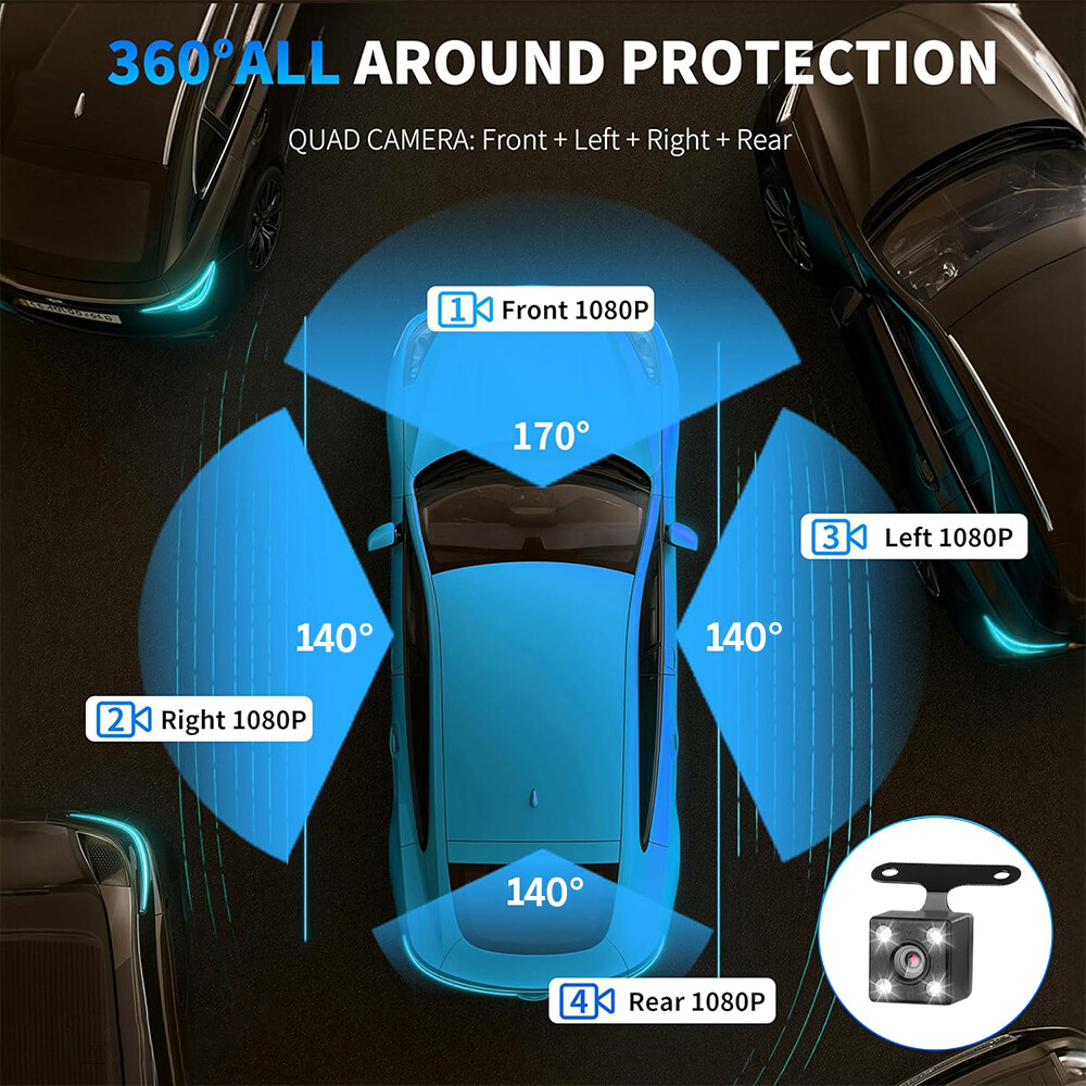 4K HD 4-Channel Dash Cam 1080P Front Rear G-sensor Video Recorder Car DVR Camera