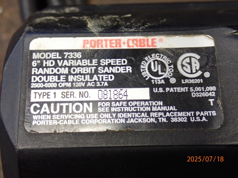 lot b USA PORTER CABLE 7336 VARIABLE SPEED 6" RANDOM ORBITAL SANDER MISSING PAD
