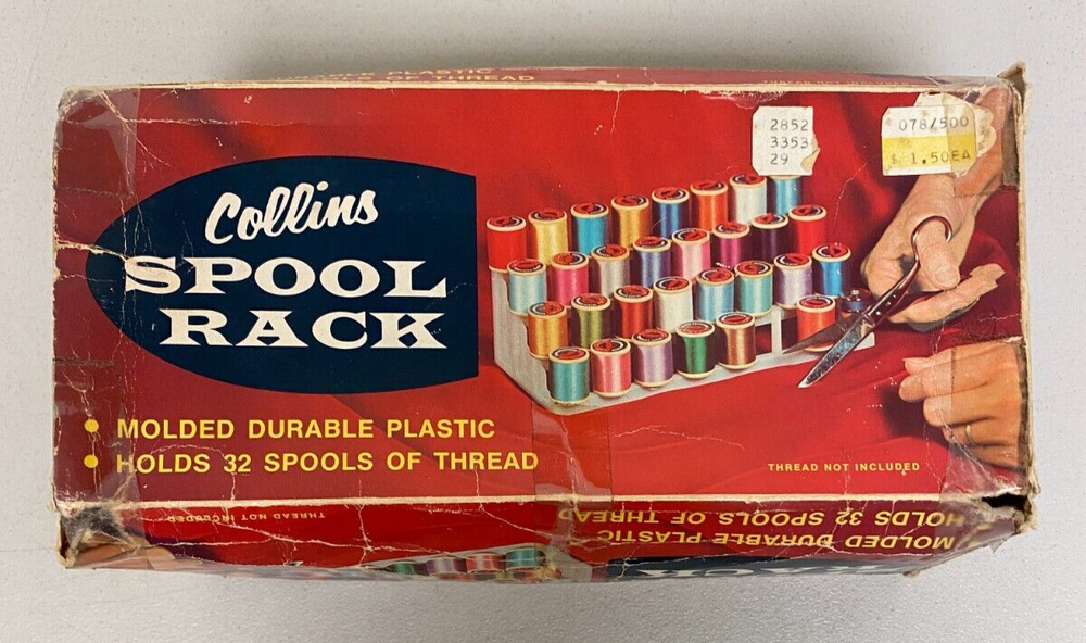 Vintage COLLINS SPOOL RACK HOLDS 32 SPOOLS OF THREAD/ WITH THREAD SPOOLS