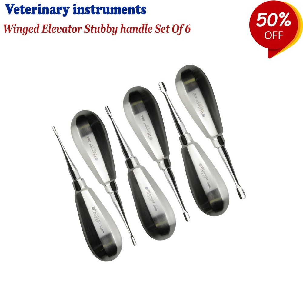 DENTAL VETERINARY INSTRUMENTS Cassette Of Winged Elevators Stubby Handle 6 PCs