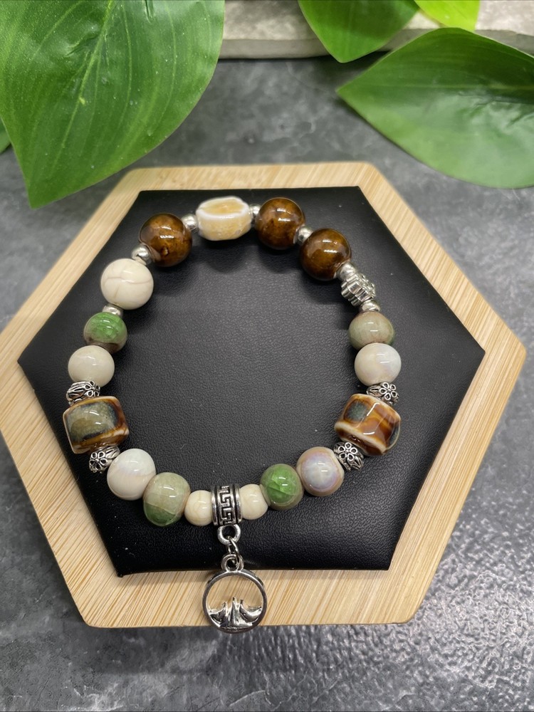Handmade Ceramic Bead Beaded Stackable 6.5” Plus Stretch Bracelet New B286