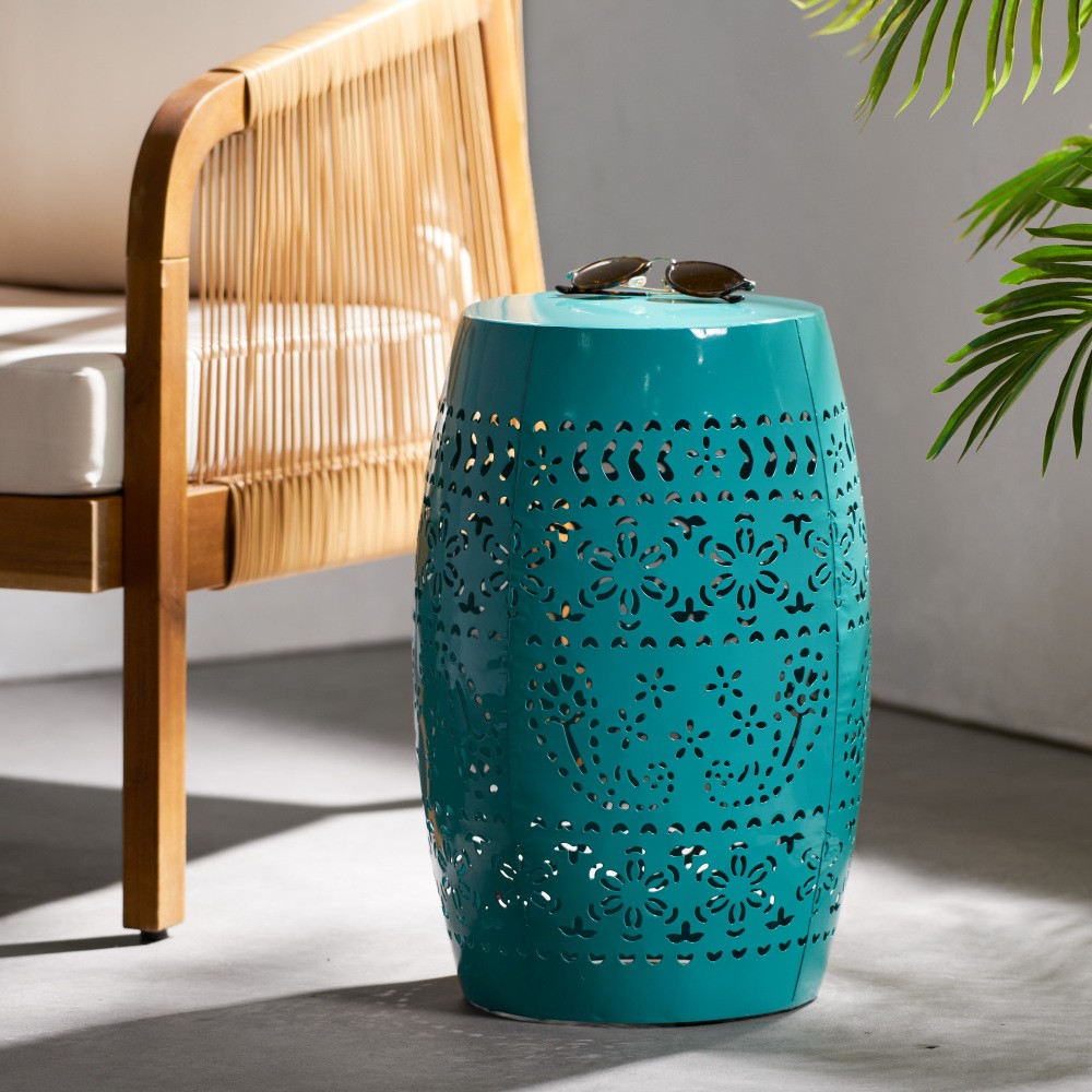 Home Ruby Outdoor 12" Iron Side Table, Teal