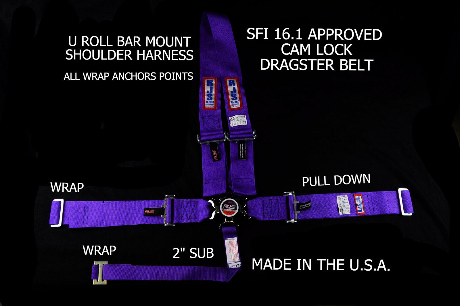 RJS RACING SFI 16.1 CAM LOCK DRAGSTER HARNESS U ROLL BAR PURPLE 1029508